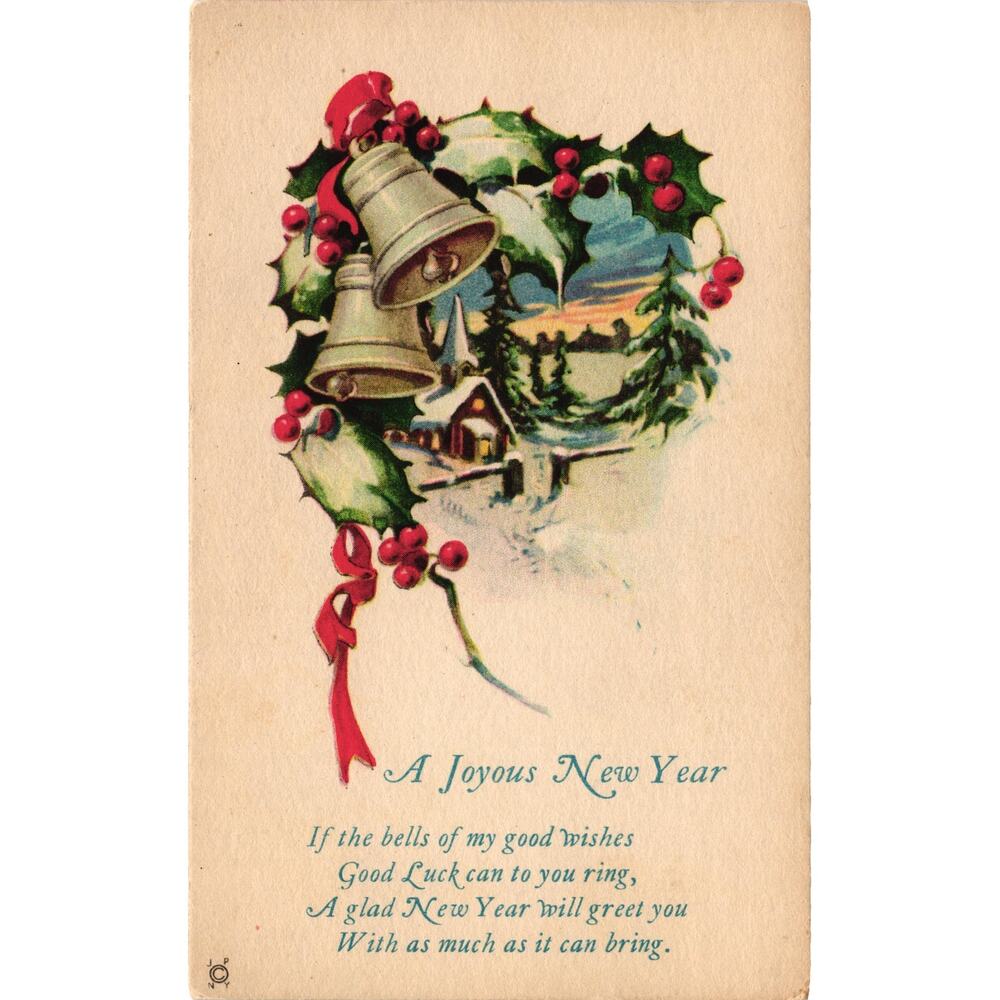 Antique New Year Postcard Snow Cabin Bells‎ Holly Red Ribbon Unused Divided Back